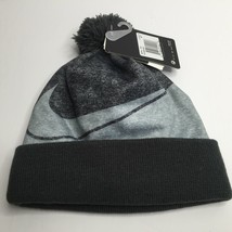 Nike Youth Boys One Size Black Gray Beanie Hat Winter Pom Pom With Tags - £18.08 GBP