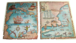Vintage Caribbean Pirate &amp; Down East Whaling Map Art Prints - Near Mint ... - $32.39