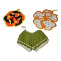 Vintage MCM Lot 3 Handmade Crochet Pot Holders Pad Shorts Flowers Green ... - £14.59 GBP