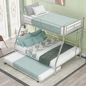 Twin-Over-Full Metal Triple Bunk Bed With Trundle For 3, 2 Side Ladders ... - $586.99