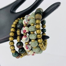 Green Wrap Stack Bracelet Moss Agate Stone Antique Gold Frosted Floral  - £31.31 GBP
