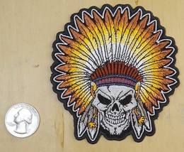 CHIEF WITH WAR BONNET IRON-ON / SEW-ON EMBROIDERED PATCH  3 1/2 &quot; X 4 &quot; - £6.11 GBP