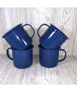 4 Blue Metal Tin Enamel Mugs Cups White Speckles Camping Backpacking Coffee - £15.24 GBP