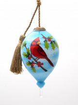 Red Cardinal on Christmas Holly Branches Hand Painted Mouth Blown Glass ... - £35.53 GBP