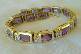 11.04CT Emerald Cut Simulated Amethyst Gold Plated 925 Silver Bracelet FREE GIFT - £151.59 GBP