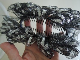 Ladies Hair Ornament Banana Clip Black Mesh +Silver Fabric on Black Plastic Comb - £12.94 GBP