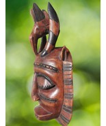 African Handcrafted in Zimbabwe Tribal Carved Wooden Horned Mask with Bi... - $1,239.08 MXN