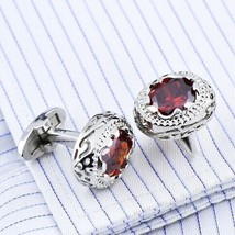 4.10Ct Oval Simulated Red Garnet Suits Coat Cufflinks 14k Yellow Gold Plated Men - £86.58 GBP