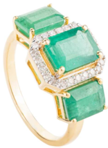 Contemporary Emerald Three Stone 18k Yellow Gold Ring with Halo Diamonds - £1,309.34 GBP