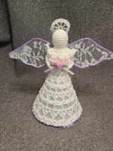 White Crochet Angel Ornament Ivory &amp; Purple Crocheted Christmas Angel Ornament - £5.31 GBP