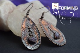 Copper electroformed oval Earrings sheet plate with rough Amethyst stones and da - £30.67 GBP