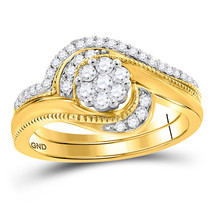 14k Yellow Gold Diamond Flower Cluster Milgrain Bridal Wedding Ring Set 3/8 Cttw - £603.20 GBP