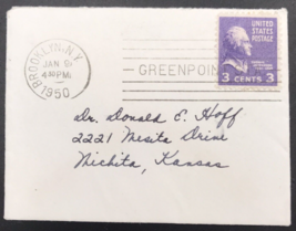 VTG 1950 Greenpoint Station Brooklyn NY Cancel Cover w/ 3 Cent Jefferson Stamp - £9.16 GBP