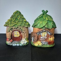 Fairy Garden Forest Figurines Set of 2 Cottage Houses 4.25&quot; Green Rustic Forest - £7.45 GBP