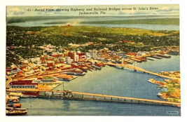 Aerial View Highway Railroad Bridges St Johns River Jax FL Linen Postcard 1942 - $7.99