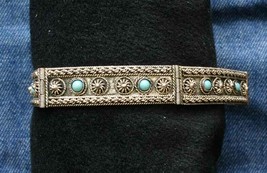 Vintage Intricately Textured Ancient Style Aqua Glass Silver-tone Bracelet - £15.65 GBP