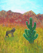 Painting Landscape Original Signed Desert Art Cactus Mountain Coyote Wolf Sunset - £20.61 GBP