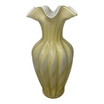 Vintage Yellow White Swirl Spiral Fenton Glass Vase Ruffle Crimped Cased - £80.93 GBP