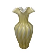 Vintage Yellow White Swirl Spiral Fenton Glass Vase Ruffle Crimped Cased - $141.11 CAD