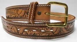 Chambers Usa Comanche Acorns &amp; Oak Leaves Vtg Leather Belt Brown Tooled Boho 30 - £34.33 GBP