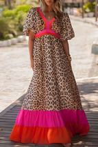 Bright Pink Leopard Colorblock Patchwork Bubble Sleeve Maxi Dress - £32.66 GBP