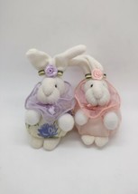 2 Vintage Russ Berrie Rosette Knit Stuffed Bunny Plushies Easter Decor R... - $13.85