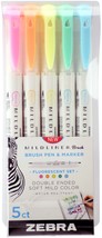 Zebra Mildliner Double Ended Brush Pen & Marker 5/Pkg-Fluorescent - £15.90 GBP