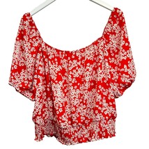 Nine Britton Floral Cropped Top Red White Seize XL Square Neck Smocked Hem - £15.60 GBP