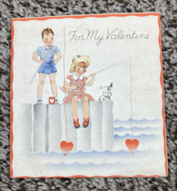 Vintage Valentines Day Card Folded Boy Girl Fishing Use Your Heart For Bait - $91.83 MXN