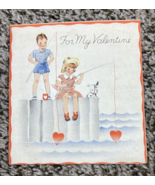 Vintage Valentines Day Card Folded Boy Girl Fishing Use Your Heart For Bait - €4,33 EUR