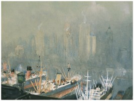 8926.Painting of foggy pier.boats.buildings in bkgd.POSTER.decor Home Of... - $23.97 CAD+