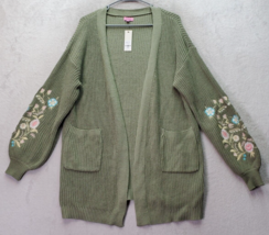 Miami For francesca&#39;s Cardigan Womens Large Green Embroidered Floral Open Front - £22.50 GBP