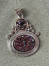 Round &amp; Oval Rainbow Druzy Stone in Ornate 925 Silver Frame Pendant – marked on - $24.13