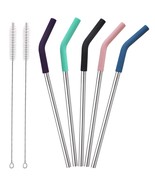 Set Of 5 Stainless Steel Straws With Silicone Flex Tips Elbows Cover, 2 ... - £11.95 GBP