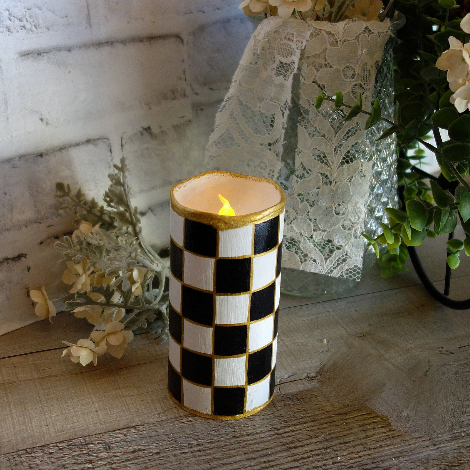 Black and White Checked Candle 5" Courtly Candle LED Battery Checkered Candle - $27.50