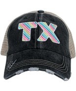 Multi-Colored Stripe &quot;TX&quot;  Texas Embroidered Black Distressed Trucker Hatd - £19.49 GBP