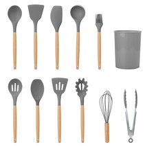 11Pcs Silicone Cooking Utensil Set Heat Resist Wooden Handle Silicone Spatula Tu - £41.86 GBP