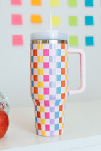 Red Colorful Checkered Print Handle Vacuum Cup 40oz - $509.16 MXN