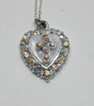 VTG Heart Rhinestone Cross White Mother of Pearl Pendant Necklace - £15.73 GBP