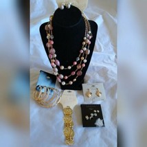 Fashion Jewelry Pink GoldSilver Tones Bracelet Earring Necklace Set Holiday Gift - £23.96 GBP