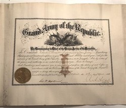 1890 Grand Army of the Republic Aide De Camp Certificate Signed and Sealed  - $292.78