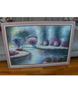 Vintage Lane Oil Painting on Canvas Framed Stream Bridge Shrubs 40 X 28 - £638.00 GBP