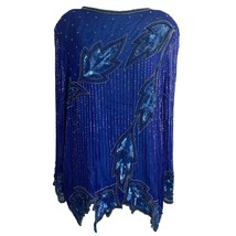 Vintage Anjumun Womens Beaded Blouse Tunic Size L/XL Blue Silk Evening P... - £45.05 GBP