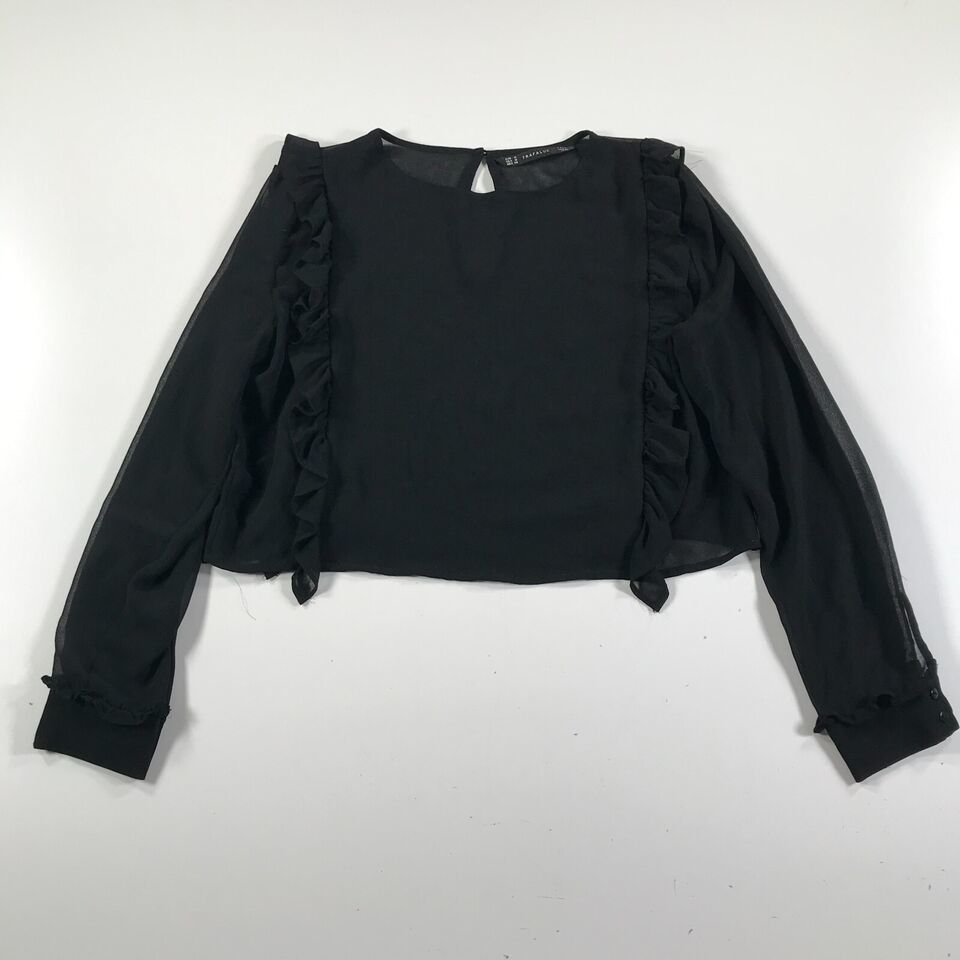 Zara Trafaluc Top Womens Medium Black Sheer Ruffles Long Sleeve Cropped ... - £12.76 GBP