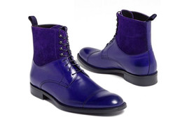 Royal Blue Color Rounded Toe HighAnkle Oxford Superior Leather Men Stylish Boots - £128.50 GBP+