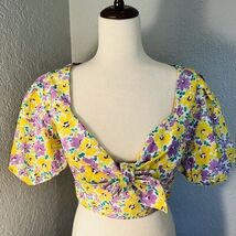 River Island Floral Print Puff Sleeve Crop Top, Yellow/Purple, Small/Siz... - $50.00