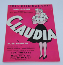 Claudia Ad Sheet 1940s Cox Theatre Cincinnati Frances Starr Donald Cook ... - £15.23 GBP