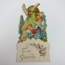 Vintage Valentine 3D Pop Up Die Cut Blonde Boy &amp; Girl Blue Dress Green Windmill - £11.93 GBP