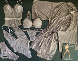 Victoria&#39;s Secret 32C Bra Set+Corset+Teddy+Robe Fishnet Velvet Gray Taupe Brown - £171.31 GBP