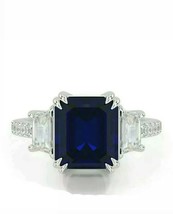 3ct Emerald Cut Blue Sapphire Engagement Ring Diamond Trilogy 14k WhiteGold Over - £86.64 GBP
